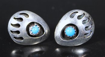 VINTAGE SOUTHWESTERN STERLING SILVER PIERCED EARRINGS BEAR CLAWS TURQUOISE