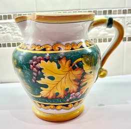 Vintage Hand Painted Italian Pitcher With Leaf Decor