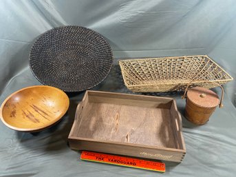 Carved Wood Bowl, Large Baskets, Harry & David Wooden Tray, Small Wood Firkin