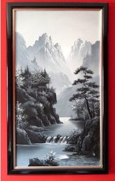 Black & White Asian Japan Painting Of A Pagoda Or Temple High Up In The Mountains Above The River