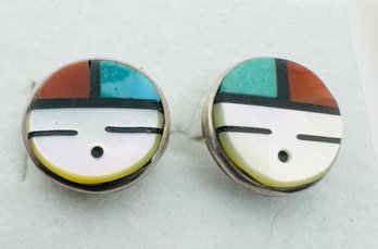 ZUNI NATIVE AMERICAN STERLING SILVER SUN FACE STUD EARRINGS