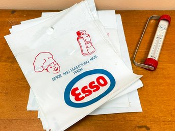 Vintage Esso Gas Station Bags And A Thermometer