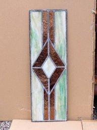 Small Geometric Style Stained Glass Window No. 2 - Copper Mica & Green Hues Diamond Center Stained Glass