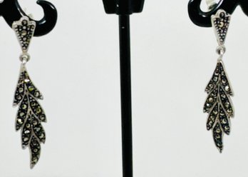 VINTAGE STERLING SILVER MARCASITE LEAF DANGLE EARRINGS