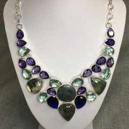 Incredibkle 925 / Sterling Silver Necklace With Multi Gemstones - Amethyst - Pale Green Tourmaline And More !