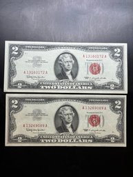 2 $2 Red Seal Bills 1963