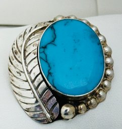 VINTAGE MEXICAN STERLING SILVER TURQUOISE FEATHER BROOCH/PENDANT