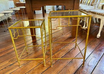Two Bamboo Stylized Gilt Metal & Glass Square Side Tables