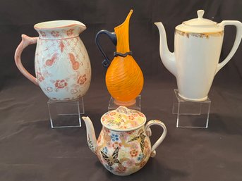 4 Piece Eclectic Mix Of Pots And Pitchers - Lenox, Blown Glass, Thailand, Japan