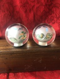 2 -Vintage Japan Painted Frosted Glass Paperweights