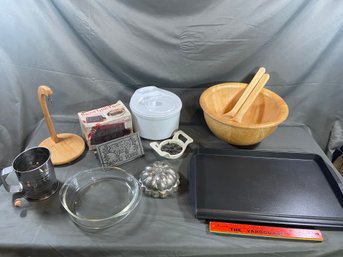 Nordic Ware Griddle, The Cellar Wood Salad Bowl, Salad Spinner, Iron Bacon Press, Pyrex Baking Dish, Sifter