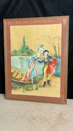 Large Vintage Original Fanciful Oil Painting On Fabric Of A Court Scene