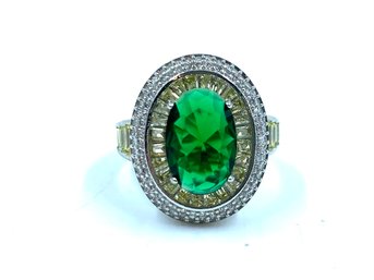 Sophisticated 925 Stamped Emerald Rhinestone & Peridot C.Z. Cocktail Ring