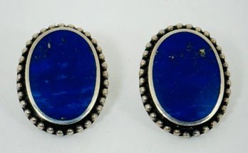 BEAUTIFUL STERLING SILVER OVAL LAPIS LAZULI BEADED FRAME EARRINGS