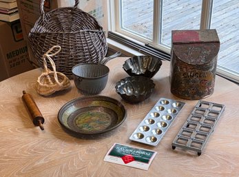 Assorted Vintage And Antique Kitchen Lot With Ravioli Frame, Bundt Pans, Metal Strainer / Steamer Pot And More