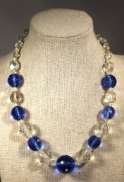 Vintage Blue And Clear Faceted Crystal Glass Beaded Necklace Sterling Clasp