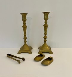 Vintage Indian Brass Tabletop Items, Incl. Pair Of Slipper Ashtrays, Tongs  & Near Pair Of Candlesticks, 5 PCS