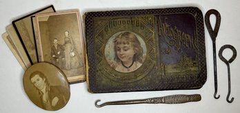 Antique  Lot Victorian - PA Autograph Book Llewellyn Marshall  - Wolcott NY CDV Photos - Button Hooks Boston