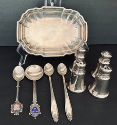 Vtg Sterling Silver Lot NOT WEIGHTED 4 Spoons- 4 S & P Shakers - 6.5' Tray - Weight In Total 6.5 Ounces