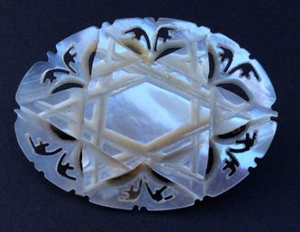 JEWISH STAR OF DAVID PIN: Mother Of Pearl Shell, Hand Carved, 1.5 Inch By 1 Inch, Vintage Judaica Jewelry