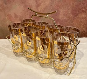 Lot Of Eight Mid Century Fred Press Highball Glasses With Caddy & Gold Leaf Accents