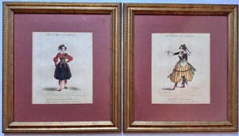 2 Antique Victorian Bals De L'opera French Fashion Hand Colored Engravings By Victor Sorel In Gilded Frames