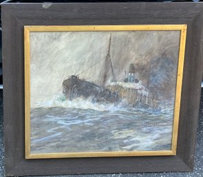 Antique Watercolor Painting Of A Ship Freighter In Heavy Seas Natical Marine.
