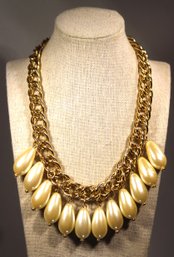 1980s Gold Tone Large Faux Pearl Necklace Designer 18' Long