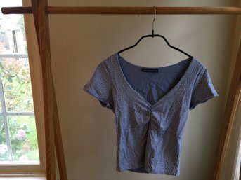 BRANDY MELVILLE, Cotton Jersey V-neck T Shirt, Cornflower Blue, White Daisy Print, One Sz, Italy