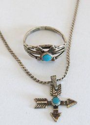 South Western Style Sterling Silver Crossed Arrow Pendant  Necklace And Matching Ring