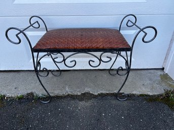 Small Metal Bench With Faux Leather Woven Seat