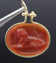 Stunning 14k Yellow Gold Carved Carnelian Pendant Of Egyptian Sphinx