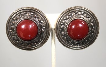 Large Circular Round Ear Clip Earrings Having Red Plastic Stones