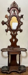 Antique Wood Hall Tree Stand With Mirror