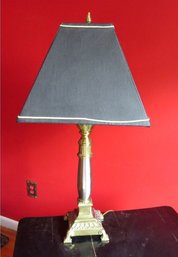 Stiffel Brass & Pewter Finish Candlestick Desk Lamp W/Black Cloth Shade, Gold Rope Trim