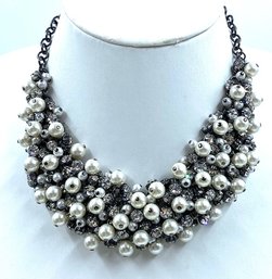 Hand-beaded Faux Pearl & Rhinestone Necklace