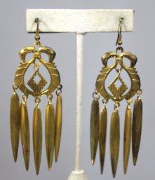 Pair Large 1980s Pierced Gold Tone Earrings Having Elongated Drops