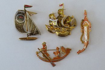 A Beautifully Detailed Grouping Of Vintage Damascene Brooches - Ships And A Dagger