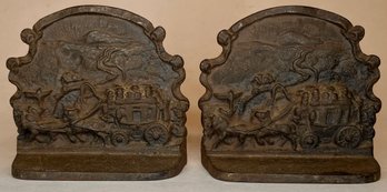 Vintage Antique - Pair Small Cast Iron Bookends - Stagecoach Carriage - Horses - Coach - Coaching Days Scw