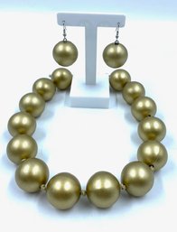 Chunky Hand-knotted Matte Gold Bead Necklace & Earring Set