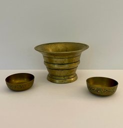 Vintage Brass Table Top Pieces, Incl. Solid Brass Mortar Bowl & Two Enameled Bowls From India, 3 PCS.