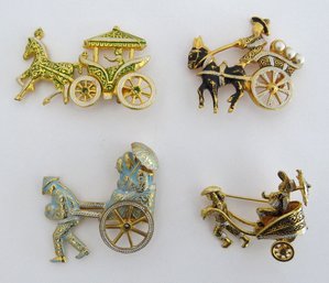 An Outstanding Lot Of Vintage Damascene Brooches -  Carriages And Rickshaws