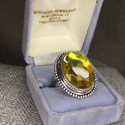 Amazing LARGE Sterling Silver / 925 Cocktail Ring With Faceted Yellow Topaz Lovely Silver Details - NICE !