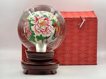 Chinese Glass Inside Drawing Ball By Artist Wang Guang Ming. Wood Display Stand & Silk Covered Box Included.