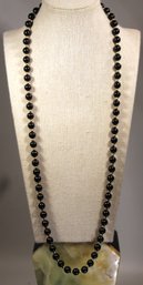 Fine Genuine Black Onyx And Gold Beaded Necklace 30' Long