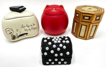 4 Small Covered Trinket Boxes: Peanuts, Cat, Beaded Ring Box & Handmade Rattan From The Phillipines