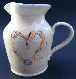 VINTAGE SIGNED THREE RIVERS POTTERY HEART PITCHER: Hand Painted Wreath, Handmade, 5.5 Inches Tall