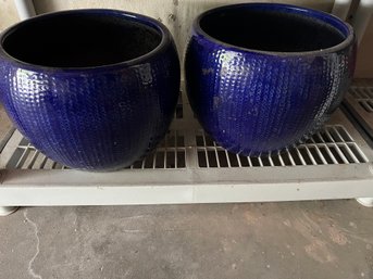 Pair Of Large Heavy Cobalt Blue Planters