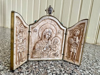 Adorned Mother Mary & Jesus Carved Bone Religious Triptych