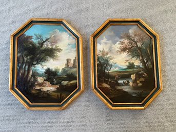 Pair Of Countryside Paintings Oil On Octagonal Canvas